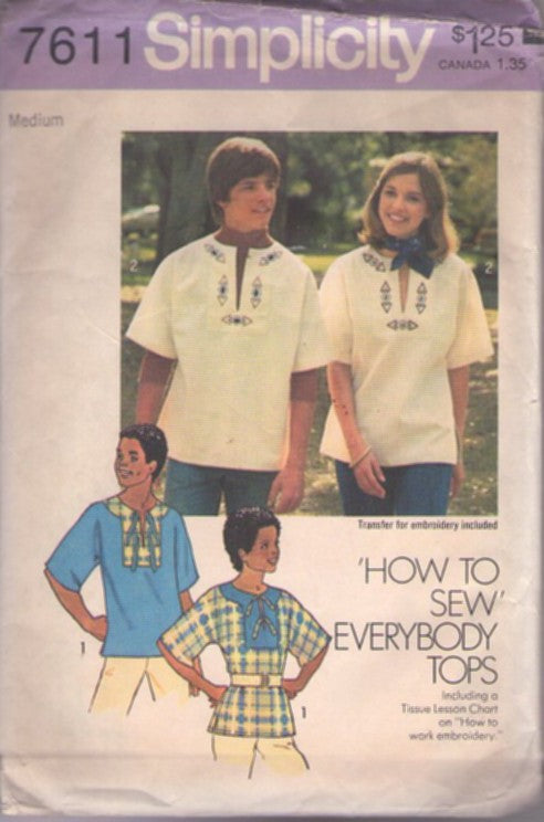 Simplicity 7611 Vintage 70's Sewing Pattern Hippie Shirts, How to Sew Everybody Tops Slit Neck Boho Hippie Dashiki Style Pullover Top, Shirt, Blouse Size M