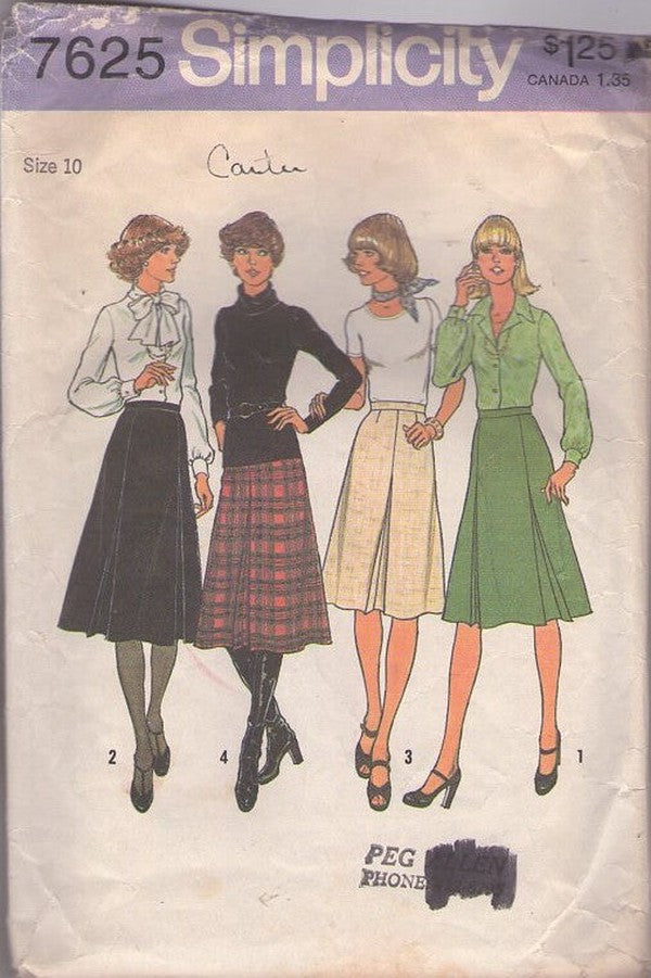 Simplicity 7625 Vintage 70's Sewing Pattern Skirts Set, Easy To Sew Front Inverted Pleat Skirt, 2 Lengths Size 10