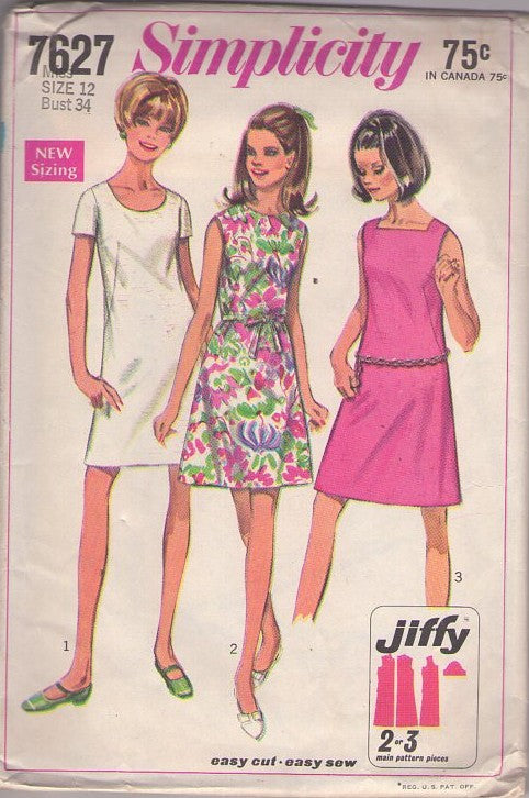 Simplicity 7627 Vintage 60's Sewing Pattern Easy Mod Dress, Jiffy Dart Fit A-Line Day Dress 3 Styles Size 12