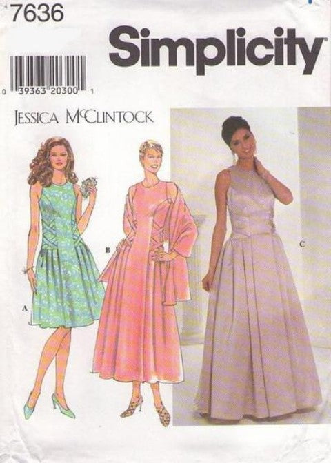 Simplicity 7636 Discontinued 90's Sewing Pattern Prom Gown, Designer Jessica McClintock, Criss Cross Strap Sides Evening Dress, Formal Gown & Stole 6-10