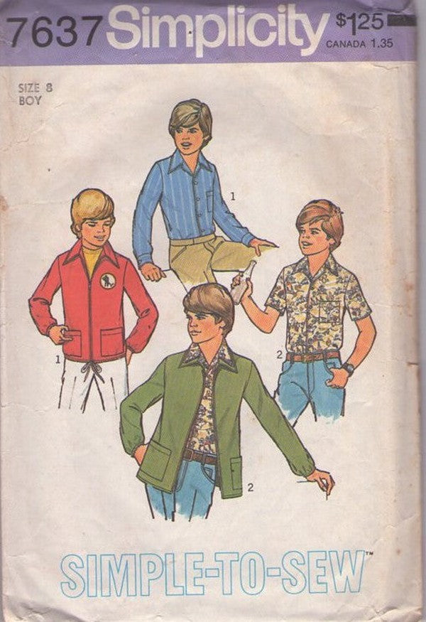Simplicity 7637 Vintage 70's Sewing Pattern Boys' Shirt Jackets, Retro Hipster Brady Bunch Shirt, Front Zippered Jacket Size 8