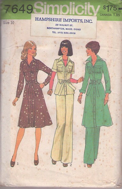 Simplicity 7649 Vintage 70's Sewing Pattern Disco Pantsuit, Button Up Blouse, Long Tunic and Pants, Secretary Dress, Size 10
