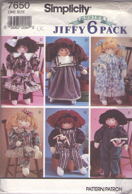 Simplicity 7650 Vintage 90's Sewing Pattern Stuffed Rag Doll, Abbie's Jiffy 6 Pack, Dolls and Dress Clothing One Size