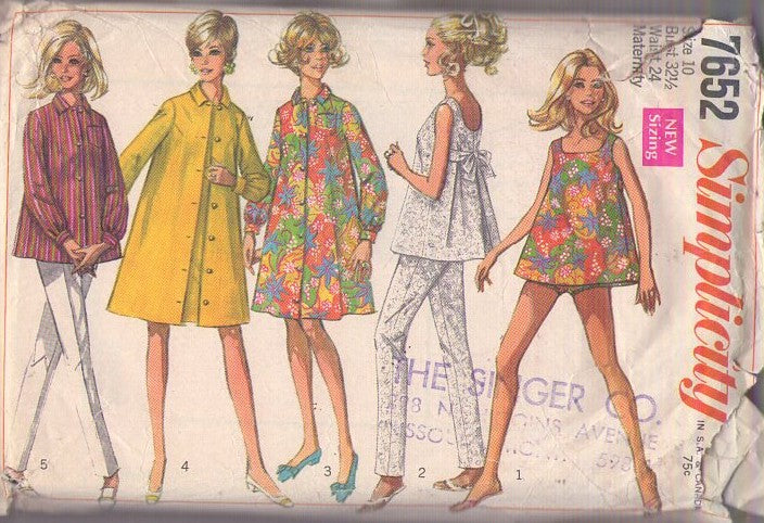 Simplicity 7652 Vintage 60's Sewing Pattern Mod Separates, Coat Set, Mother to Be Flared Bathing Suit Smock Top, Bottoms, Pants, House Coat, Shirt, Coat Size 10