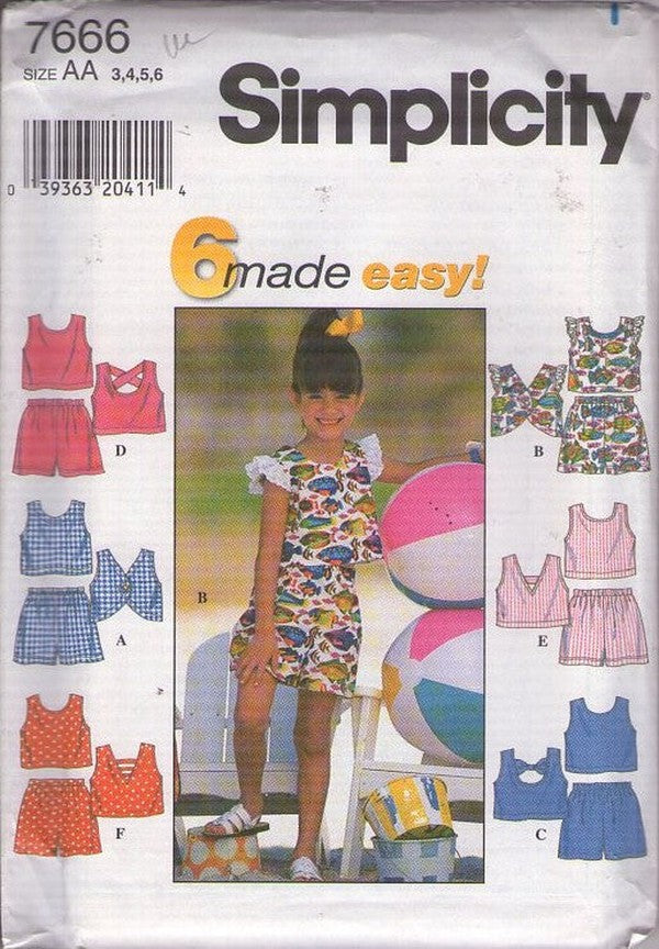 Simplicity 7666 Retro 90's Sewing Pattern Girl's Summer Separates, Six Made Easy, Cropped Sun Top, Shirt, Shorts 6 Styles Size 3-6