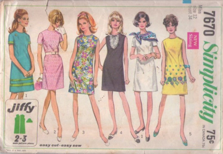 Simplicity 7670 Vintage 60's Sewing Pattern Mod Dresses, Summer Easy Jiffy Dart Fitted Day Dress, TRIM Options 5 Styles Size 12