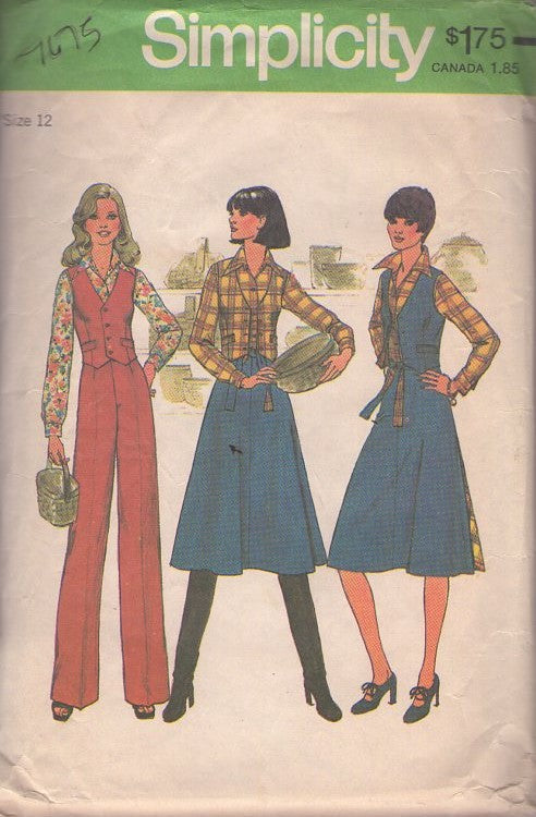 Simplicity 7675 Vintage 70's Sewing Pattern Western Styles Separates, Pointed Vest Jacket, Blouse, Pants & Back Wrap Around Skirt Size 12