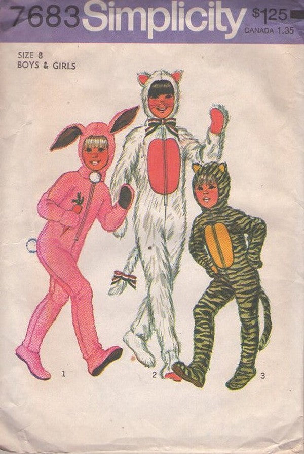 Simplicity 7683 Vintage 70's Sewing Pattern Animal Costumes, Purrfect Retro Kitty Cat, Tiger, Jaguar, Bunny Rabbit Faux Fur Jumpsuit Halloween Costumes with Feet & Hood Size 8