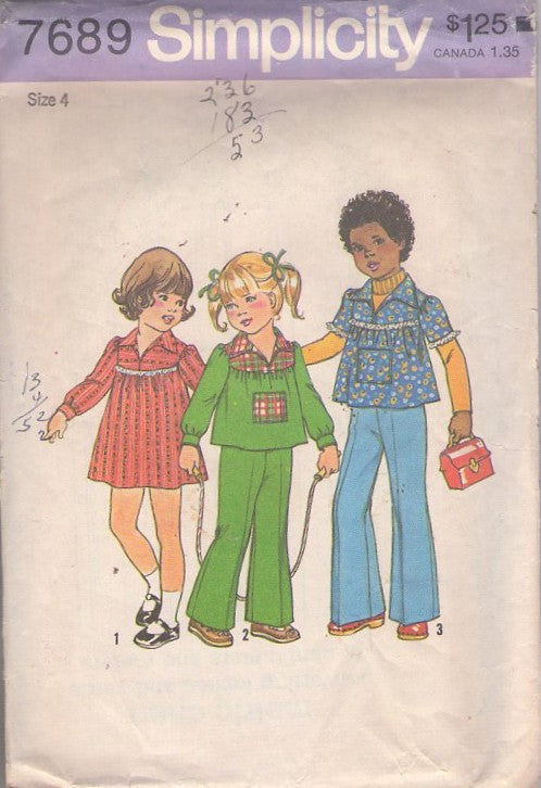 Simplicity 7689 Vintage 70's Sewing Pattern Girl's Separates, Brady Bunch Yoked Smock Top Blouse, School Dress, Flared Bell Pants Size 4