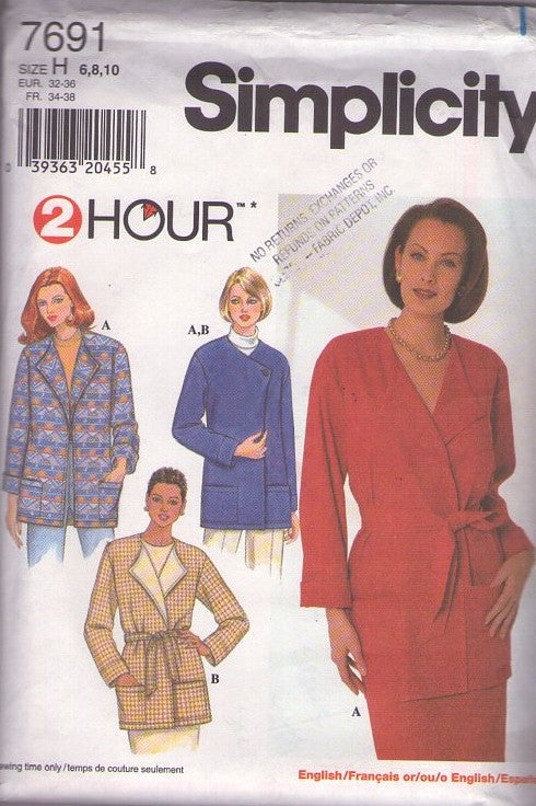 Simplicity 7691 Retro 90's Sewing Pattern Easy Jacket, Wrap Coat Set, Wing Collar, Asymmetrical Closing, 3 Styles Size 6-10