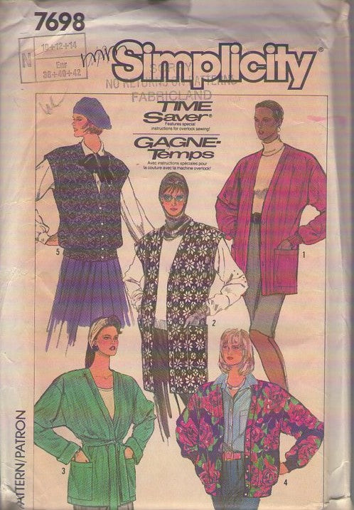 Simplicity 7698 Vintage 80's Sewing Pattern Cardigan Jacket, Vest, Loose Fit Coat Set Size 10-14