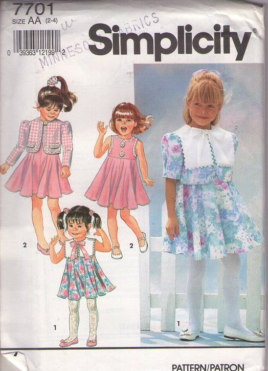 Simplicity 7701 Vintage 90's Sewing Pattern Girl's Dress, Jackt, Modest Summer Styles Size 2-4
