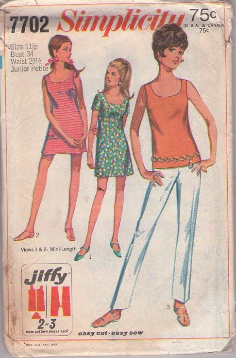 Simplicity 7702 Vintage 60's Sewing Pattern Mod Separates, Jiffy Scoop Neck Tank Top, Knits Summer Dress, Tapered Leg Pants Size 11JP