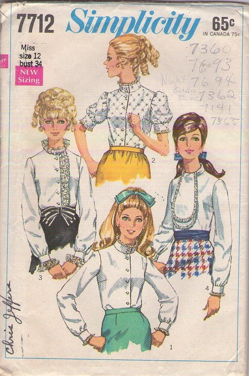Simplicity 7712 Vintage 60's Sewing Pattern Mod Blouse Set, Modest High Collar, Lace Trim Secretary Blouses, 4 Styles Size 12