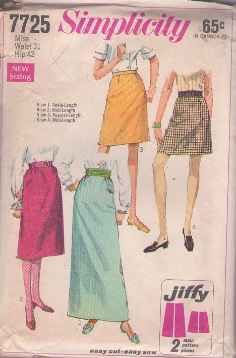 Simplicity 7725 Vintage 60's Sewing Pattern Easy Skirts, Jiffy Mod Mini, Regular, Maxi Day or Night Skirt Set 4 Styles Waist 31 XL