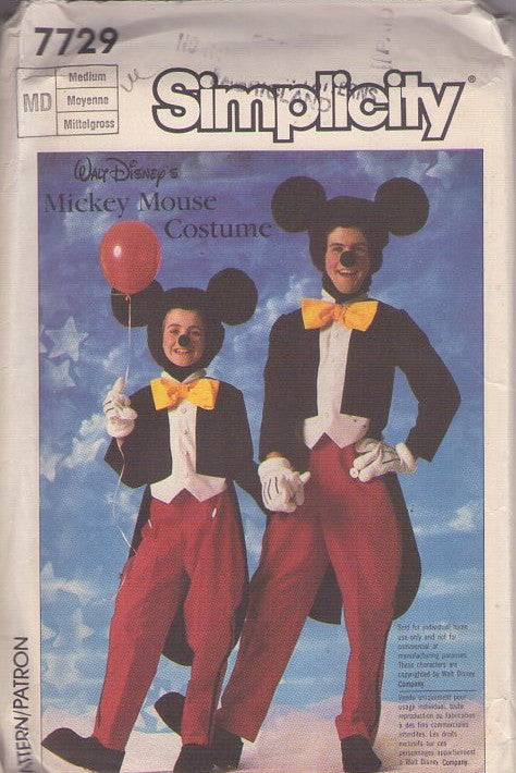 Simplicity 7729 Vintage 80's Sewing Pattern Character Costumes, Official Walt Disney Mickey Mouse Mascot Costume, Hood with Ears, Shirt, Jacket with Tails, Shoe Covers, Gloves Size Adult M