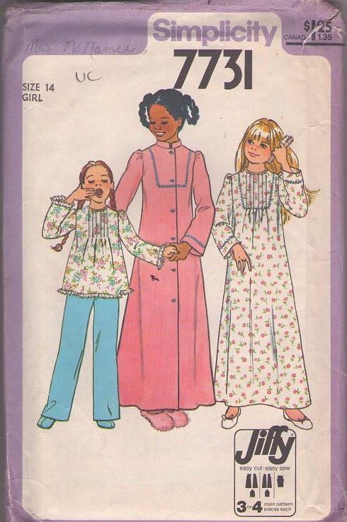 Simplicity 7731 Vintage 70's Sewing Pattern Girl's PJs Set, Modest Pin Tucks Front Pajamas Top, Pants, Long Nightgown, House Coat, Robe Size 14