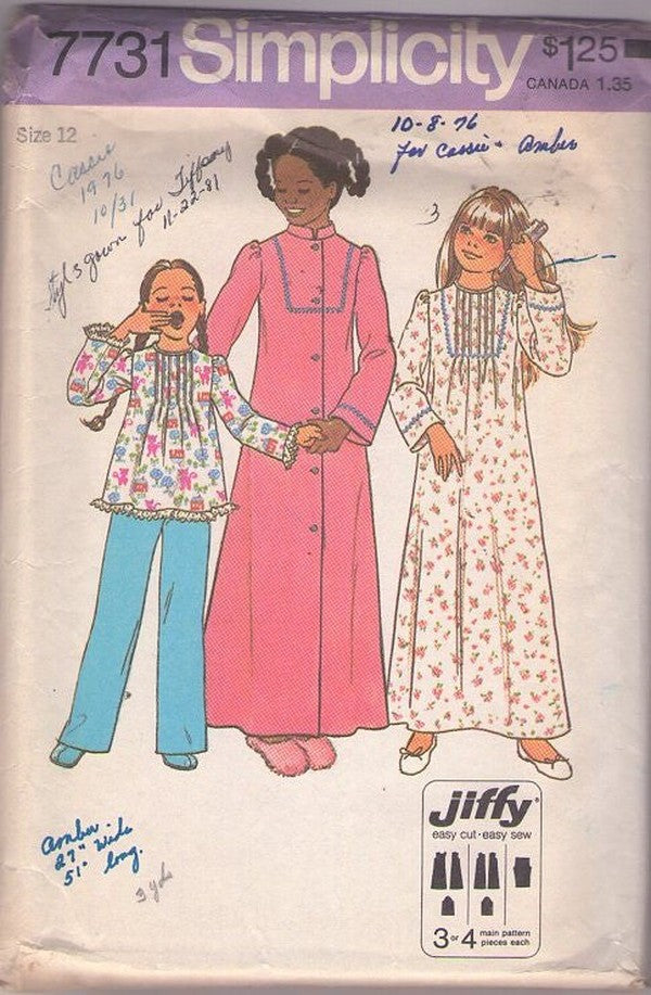 Simplicity 7731 Vintage 70's Sewing Pattern Girl's PJs Set, Modest Pin Tucks Front Pajamas Top, Pants, Long Nightgown, House Coat, Robe Size 12