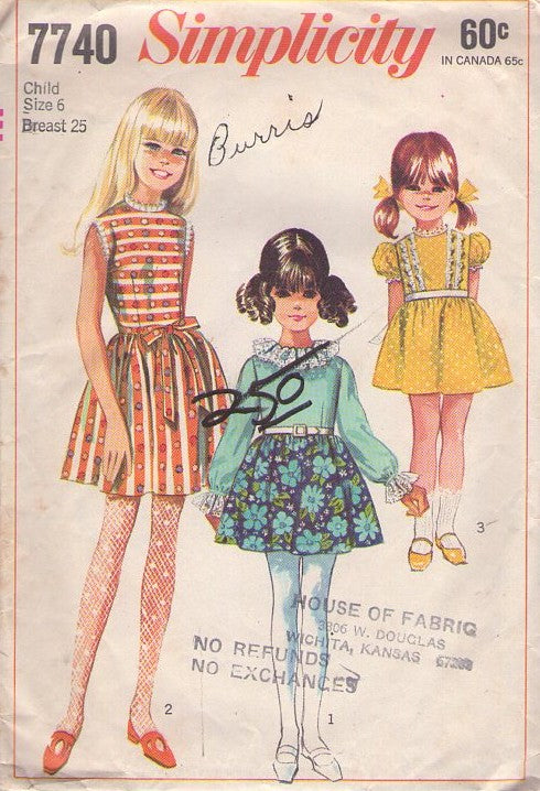 Simplicity 7740 Vintage 60's Sewing Pattern Girl's Dress Set, Pollyanna Mod Full Bell Shaped Skirt Lace Trim Party Dress, 3 Styles Size 6
