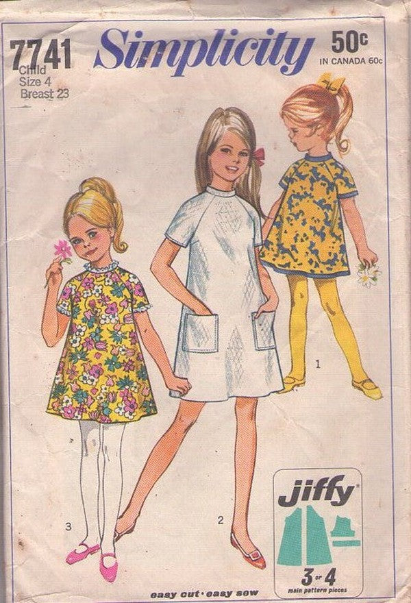 Simplicity 7741 Vintage 60's Sewing Pattern Girl's Dress, Mod, Jiffy, Easy, Raglan Sleeve, 3 Styles Size 4