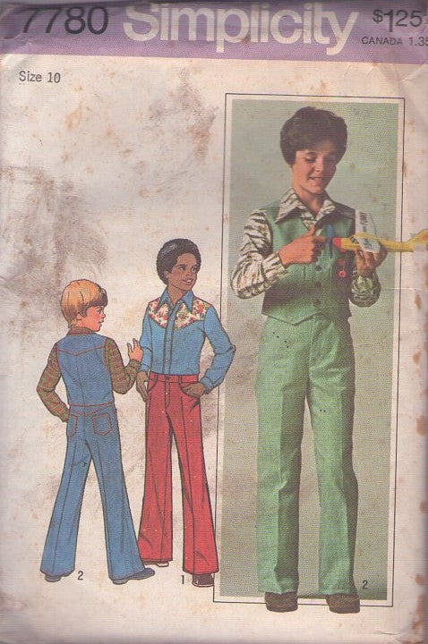 Simplicity 7780 Vintage 70's Sewing Pattern Boy's Western Shirt, Napoleon Dynamite, Brady Bunch Suit Vest, Fly Front Jeans, Pants Size 10