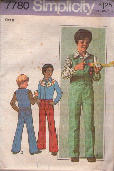 Simplicity 7780 Vintage 70's Sewing Pattern Boy's Western Shirt, Napoleon Dynamite, Brady Bunch Suit Vest, Fly Front Jeans, Pants Size 8