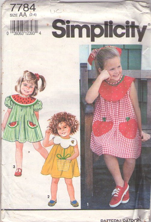 Simplicity 7784 Retro 90's Sewing Pattern Girl's Summer Dress, Watermelon, Strawberry Pockets, Flower Pot Yoke & Pocket Size 2-4