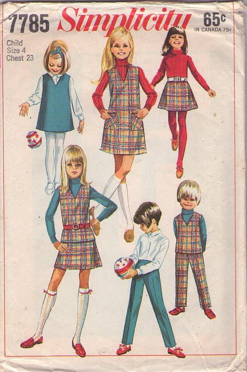 Simplicity 7785 Vintage 60's Sewing Pattern Girl's Separates, Brady Bunch School Separates, V Neck Vest, Top, Jumper, Dress, Mini Skirt, Pants Size 4