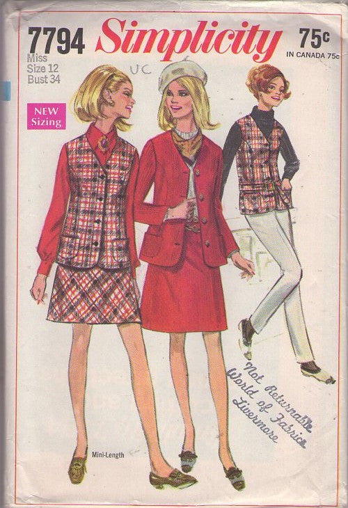 Simplicity 7794 Vintage 60's Sewing Pattern Mod Separates, Secretary Mix & Match Vest, Suit Jacket, A-Line Mini Skirt, Belt Size 12