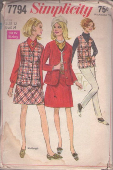 Simplicity 7794 Vintage 60's Sewing Pattern Mod Separates, Secretary Mix & Match Vest, Suit Jacket, A-Line Mini Skirt, Belt Size 14