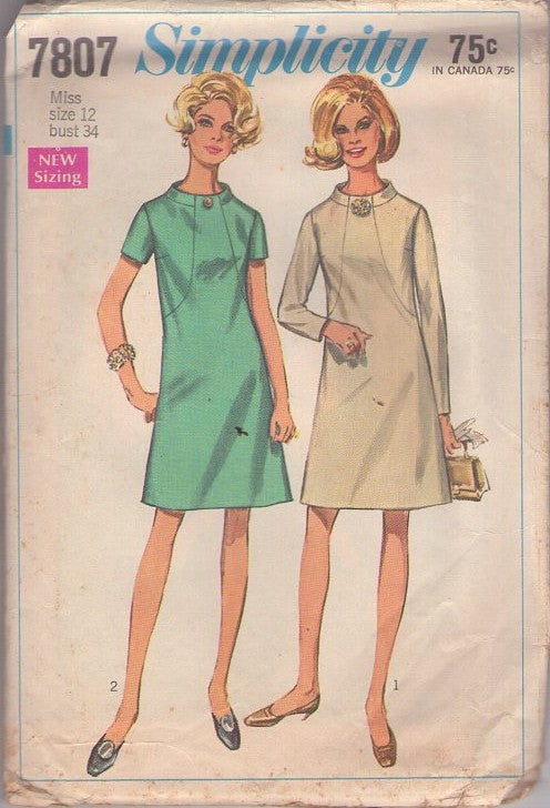 Simplicity 7807 Vintage 60's Sewing Pattern Mod Dresses, Cocktail Party Dress, Seam Interest, Stand Away Neckline Size 12
