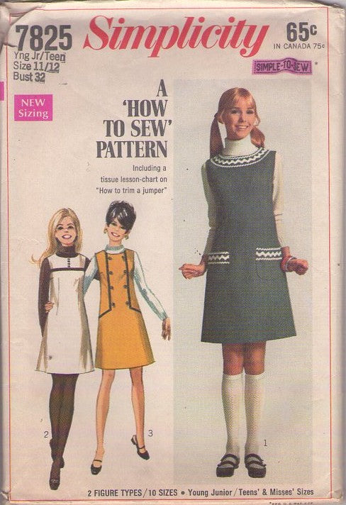 Simplicity 7825 Vintage 60's Sewing Pattern Mod Jumpers, Twiggy Summer Jumper, Trim Options Dress Size 11/12