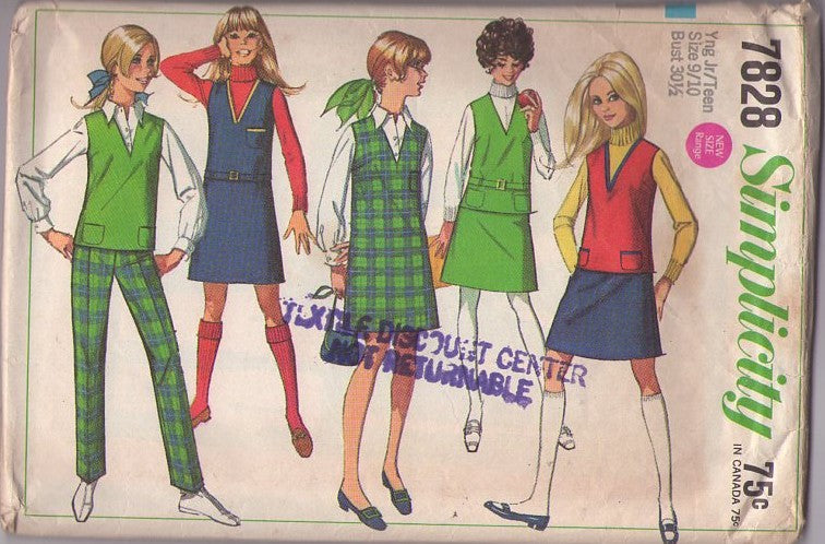 Simplicity 7828 Vintage 60's Sewing Pattern Mod Separates, Twiggy V Neck A-Line GoGo Jumper, Top, Space Age Dress, Pants & Belt Size 15/16