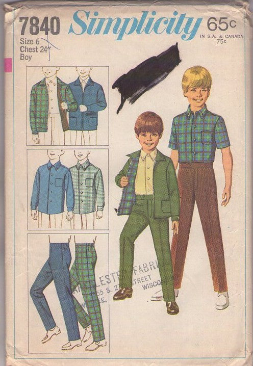 Simplicity 7840 Vintage 60's Sewing Pattern Boys' Slacks, Shirt, Mod Hipster Straight Leg Fly Front Slacks, Ricky Jacket, Dress Shirt Size 6