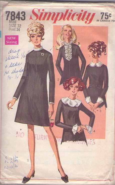 Simplicity 7843 Vintage 60's Sewing Pattern Mod Dresses, Twiggy Modest Panel Stitched Young Romantic Day Dress, Detachable Collars & Cuffs Size 12