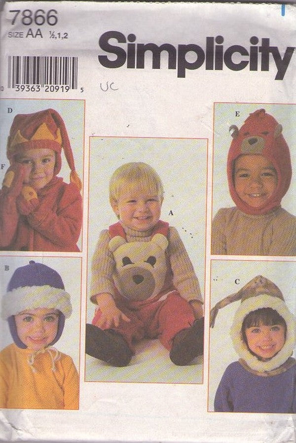 Simplicity 7866 Vintage 90's Sewing Pattern Kids' Overalls, Fleece Hats, Hat Set, Faux Fur, Animal Theme, Jester, Sky, Winter Size 1/2-2