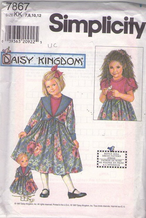 Simplicity 7867 Vintage 90's Sewing Pattern Girl's Dress, Jacket, Matching Doll Outfit, Daisy Kingdom Garden Party Style Size 7-12