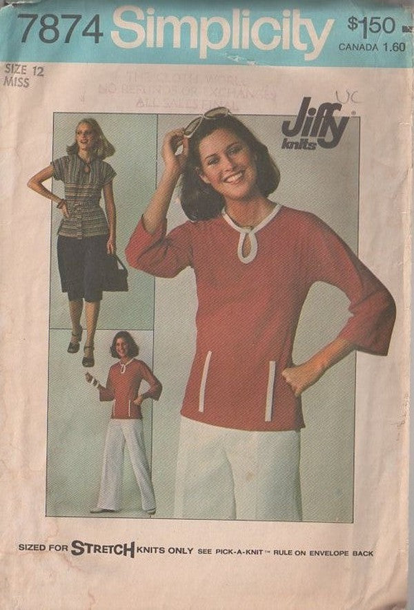Simplicity 7874 Vintage 70's Sewing Pattern Secretary Knits, Easy to Sew, Jiffy Knit Peekaboo Keyhole Kangaroo Pouch Pocket Top, Shirt Set & Skirt Size 12