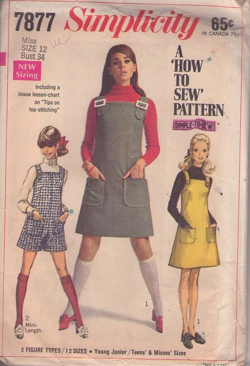 Simplicity 7877 Vintage 60's Sewing Pattern Mod Pantdress, Jumper with Large Buckle Straps, Dress, Jumpsuit, Romper Size 12