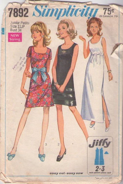 Simplicity 7892 Vintage 60's Sewing Pattern Mod Party Dress, Scoop Neck Cocktail Party Dress, Ribbon Tiers, Evening Length Side Slits Size 11JP