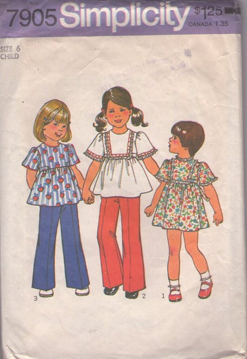 Simplicity 7905 Vintage 70's Sewing Pattern Girl's Separates, Hippie Smock Top, Tie Back Blouse, Mini Dress & Pants Size 6
