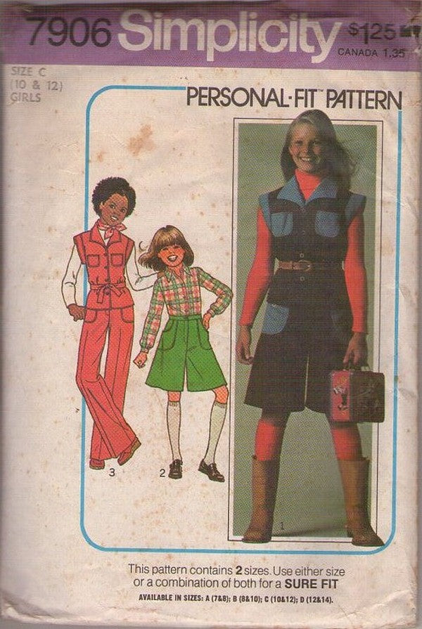 Simplicity 7906 Vintage 70's Sewing Pattern Girl's School Separates, Contract Pockets, Culottes, Gauchos, Split Skirt, Blouse, Pants Size 10-12
