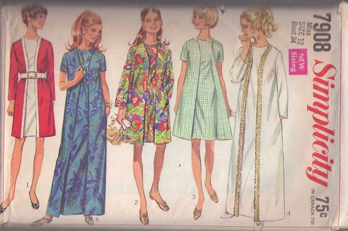Simplicity 7908 Vintage 60's Sewing Pattern Mod Wrap Dress, 3 Armhole Front Wrap Around Dress, Evening Gown, Mrs. Roper 5 Styles Size 12