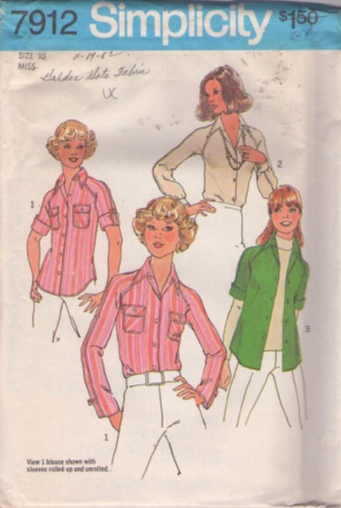 Simplicity 7912 Vintage 70's Sewing Pattern Raglan Shirts, Sleeve Flap Pockets Western Style Blouse, Shirt Set Size 10