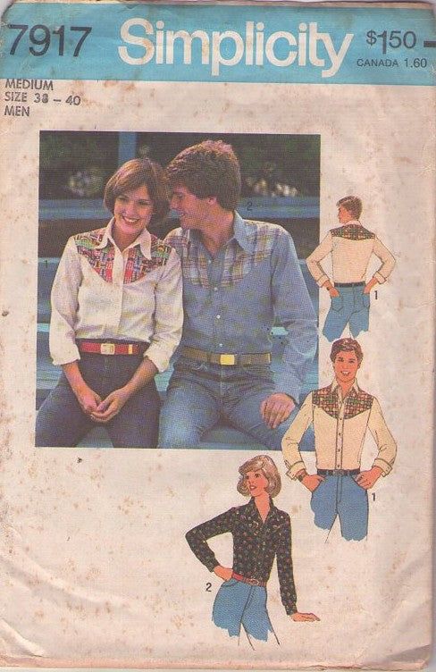 Simplicity 7917 Vintage 70's Sewing Pattern Men's Shirts, Hippie, Western Yoke Dress Shirt Size M
