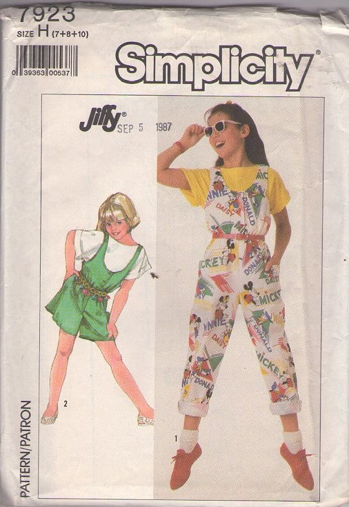 Simplicity 7923 Vintage 80's Sewing Pattern Girl's Jumpsuits, Jiffy New Wave Scoop Neck Brat Pack Romper, Jumpsuit Size 7-8