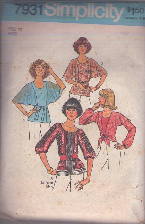 Simplicity 7931 Vintage 70's Sewing Pattern Disco Shirt Set, Batwing Capelet Sleeves, Scarf Print Fabric, 4 Styles Size 12