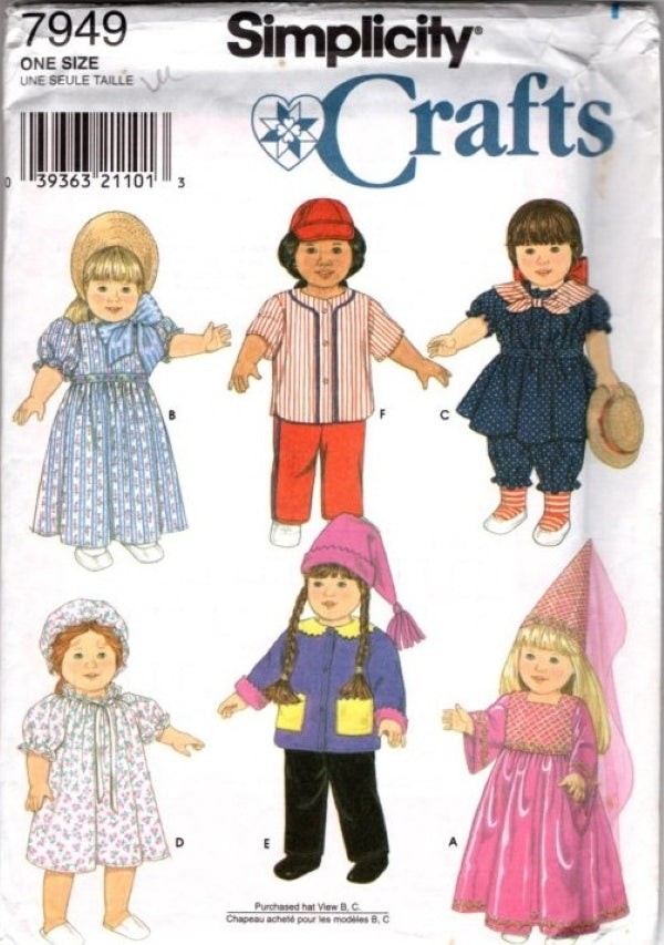 Simplicity 7949 Retro 90's Sewing Pattern Doll Clothes Wardrobe, 18" American Girl 20s Swim Costume, Baseball Uniform, Dress, Princess MORE OZ