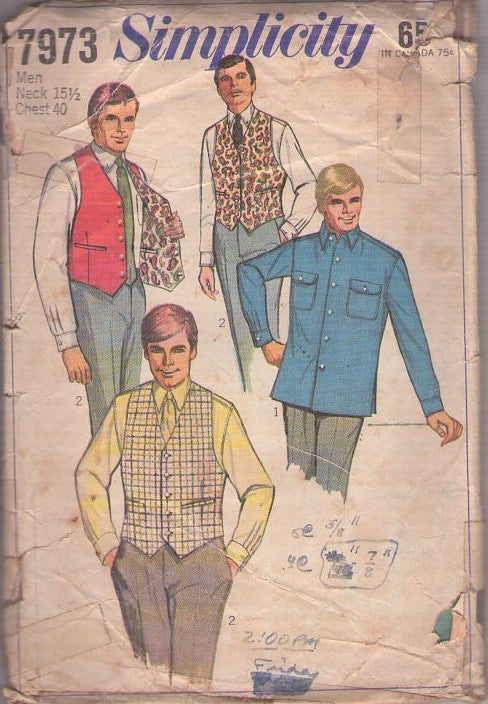 Simplicity 7973 Vintage 60's Sewing Pattern Men's Shirts, Vest, Reversible Suit Vest, Dress Shirt Size 40 L