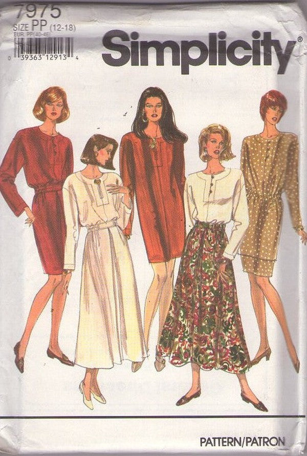 Simplicity 7975 Retro 90's Sewing Pattern Career Separates, Sheath or Flared 2 Piece Dress, Skirt, Tunic Top Ensemble Size 12-18